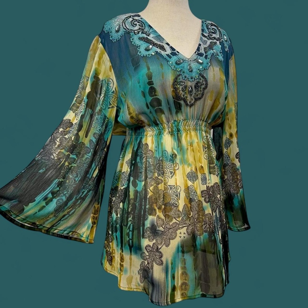 Vintage Y2K Fairy Boho Sheer Tunic Dress Womens L Embellished Bell Sleeve